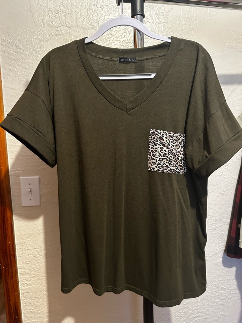 Olive V-Neck Tee with Leopard Pocket